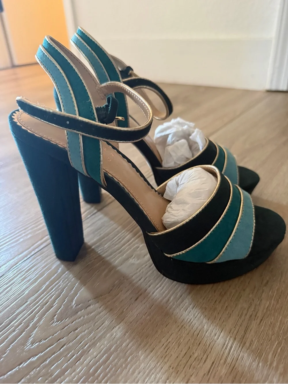 Teal & Black Strappy High Block Heel Sandals with Gold Trim